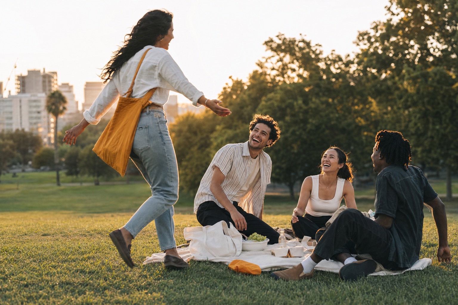 Friends meeting for a picnic at golden hour
